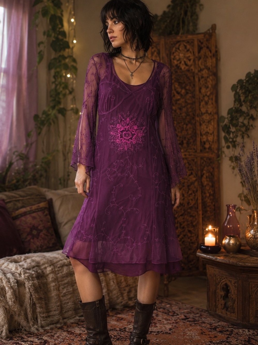 Vintage 90s Y2K Wine Embroidered Midi Dress Floral Sheer Whimsigoth Witch Size 8